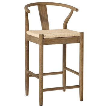 Rylee Curved Back Natural Finish Oak Counter Stool With Woven Craft Paper Seat