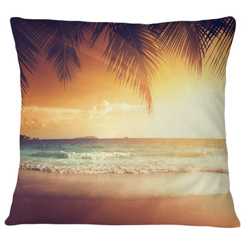 Palm Leaves on Caribbean Seashore Modern Seashore Throw Pillow, 16"x16"