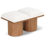 Meridian Furniture - Pavilion Black Boucle Fabric Bench, Cream, Walnut Brown Finish, 36" W X 15.5" D X 17.5" H - Bring valuable seating and remarkable style to your space with this cream Pavilion boucle fabric bench, an exquisite balance of style and usability for the entryway, bedroom, and beyond. Crafted from oak veneer with a walnut brown finish, this bench has a 4-inch-thick seat cushion that's channel-tufted for a touch of luxury. The bench's columnar bases add a dash of art deco design, making it a captivating focal point in any room.