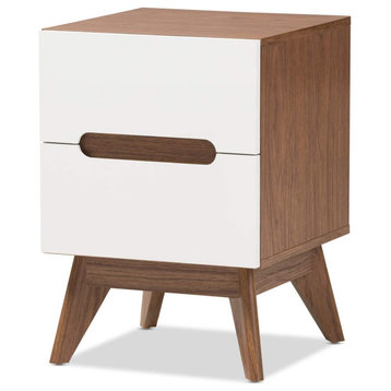 Mid-Century Modern White and Walnut Wood 3-Drawer Storage Nightstand