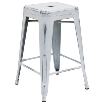 Backless Distressed Metal Indoor/Outdoor Stool, White, Counter Height