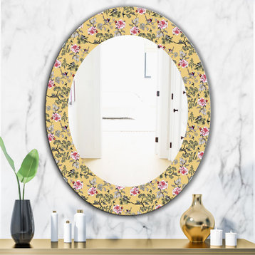 Designart Floral And Birds in Yellow Frameless Oval Or Round Wall Mirror, 24x36