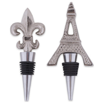 Silver Eiffel Tower and Fleur Del Lis Bottle Stopper Set of 2
