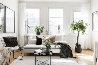 Scandinavian living room in Stockholm with white walls and no fireplace.