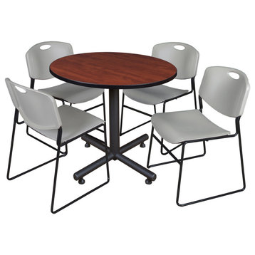 Kobe 36" Round Breakroom Table- Cherry & 4 Zeng Stack Chairs- Grey
