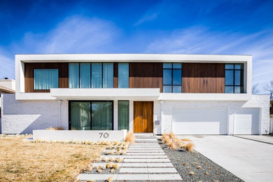 Large minimalist beige two-story mixed siding exterior home photo in Denver