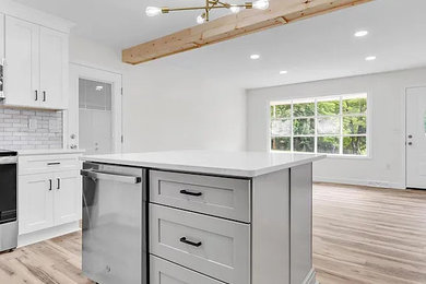 Open concept kitchen - mid-sized contemporary l-shaped vinyl floor and brown floor open concept kitchen idea in Other with a single-bowl sink, shaker cabinets, gray cabinets, quartzite countertops, multicolored backsplash, subway tile backsplash, stainless steel appliances, an island and white countertops