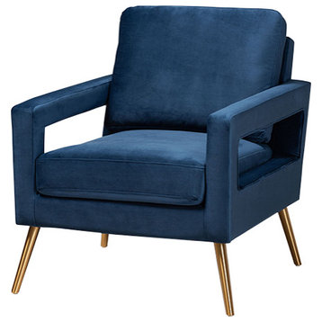 Covalt Glam Luxe Navy Blue Velvet Fabric Upholstered and Gold Finish Armchair