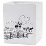 Paseo Road by HiEnd Accents - Ranch Life Ceramic Wastebasket, 1 Piece - Add a playful Western charm to your bathroom countertop with our Ranch Life Wastebasket. In a versatile black-and-white colorway, this wastebasket features a cowboy wrangling horses across an open field. Complete a rich rustic Western home with other pieces in our Ranch Life Collection.