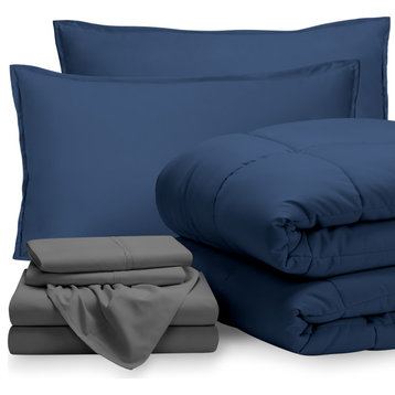 Bare Home 7-Piece Full & Full XL Bed-in-a-Bag, Dark Blue, Gray, Full Xl