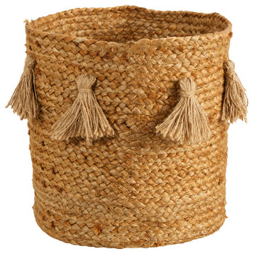 0829-S1 12.5 Boho Chic Natural Hand-Woven Jute Basket With Tassels