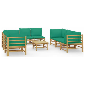 vidaXL Patio Furniture Set 9 Piece Loveseat Sofa with Green Cushions Bamboo