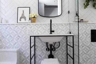 Inspiration for a small contemporary white tile and marble tile marble floor and gray floor bathroom remodel in Vancouver with open cabinets, white walls, an integrated sink, white countertops and a freestanding vanity
