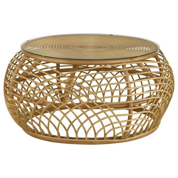 Coaster Dahlia Rattan Round Glass Top Woven Rattan Coffee Table in Natural