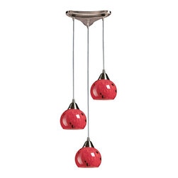 Elk Lighting - Elk Lighting Mela Satin Nickel & Fire Red Glass Three-Light 10'' Wide Pendant - Pendant Lighting