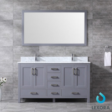 60 Inch Modern Dark Gray Double Sink Bathroom Vanity, White Marble, Mirror