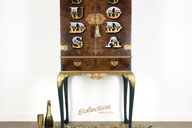 Vintage Queen Anne-style Drinks Cabinet/Cocktail Bar with hand-lettering