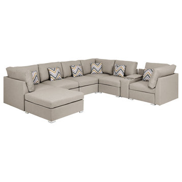 Amira Beige Linen Fabric Reversible Sectional Sofa with USB Storage Console