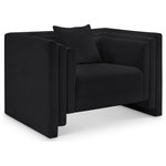 Meridian Furniture - Everett Upholstered Chair, Black, Chenille Fabric - Make this Everett black chenille fabric chair the center of a cozy reading nook. Handsome from every angle, this posh chair is plumply appointed to put supreme comfort within easy reach. Soft black chenille upholstery fabric adds to its lavish feel while a staggered design gives it a modern edge. An included pillow gives it a beckoning vibe while the chair's solid wood inner frame makes it a lasting addition in any room.