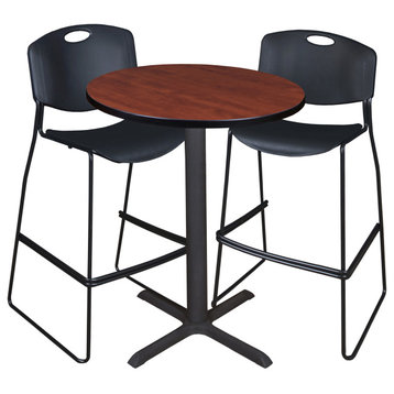 Cain 30" Round Cafe Table- Cherry & 2 Zeng Stack Stools- Black