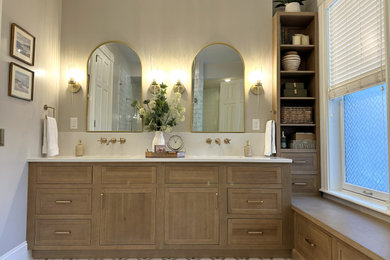 Large elegant master white tile and cement tile ceramic tile and double-sink bathroom photo in Cincinnati with light wood cabinets, a two-piece toilet, beige walls, an undermount sink, quartz countertops, a hinged shower door, white countertops and a built-in vanity