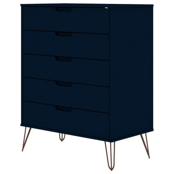 Midcentury Dresser, 5 Storage Drawers and Hairpin Metal Legs, Midnight Blue