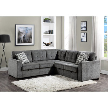 Pemberly Row Modern 3-PC Chenille Sectional with Pull-Out Bed & Ottoman in Gray