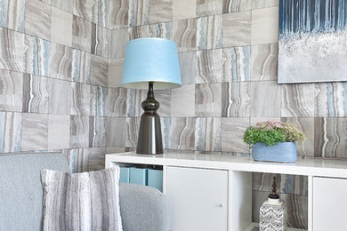 Example of a trendy freestanding desk laminate floor and white floor study room design in Other