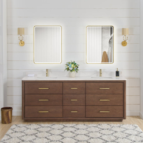 Porto Bath Vanity with White Quartz Stone Top, Dark Brown Oak, 84 in., No Mirror