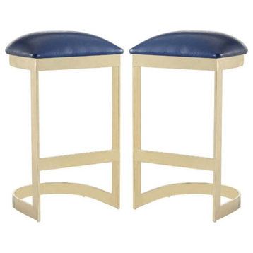 Home Square 29" Faux Leather Barstool in Blue & Polished Brass - Set of 2