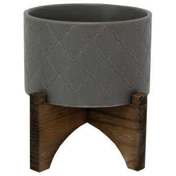 5" Argyle Ceramic Planter On Wood Stand
