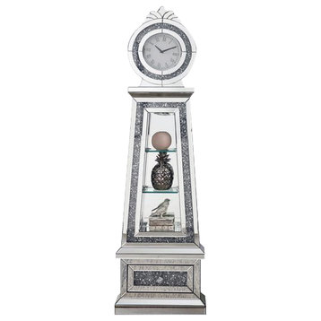 Benzara BM269090 Mirrored Grandfather Clock With 3 Open Compartments, Silver