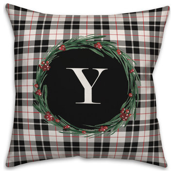 Black Plaid Monogram Wreath Y 18x18 Spun Poly Pillow