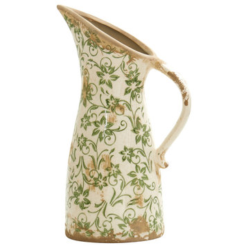 10" Tuscan Ceramic Green Scroll Pitcher Vase