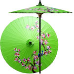 Oriental-Decor - Song Birds Outdoor Patio Umbrella, Meadow Green - This artistic and colorful patio umbrella was inspired by the same design from one of our hand-held fashion umbrellas. It features a pair of song birds sitting on the branch of a blossom tree. Painted on an all-green shade, this bright and cheerful outdoor patio umbrella is sure to uplift all those who see it. Place it anywhere in your yard, patio or outdoor area for a superb decorative touch.