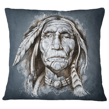 Sketch of Tattoo American Indian Portrait Throw Pillow, 16"x16"
