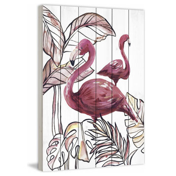 "Pink Flamingo I" Painting Print on White Wood, 16"x24"