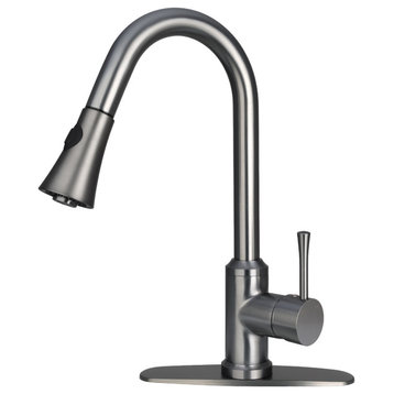 Copper Pull Down Kitchen Faucet With Deck Plate, Single Level Brass Sink Faucets, Gun Black