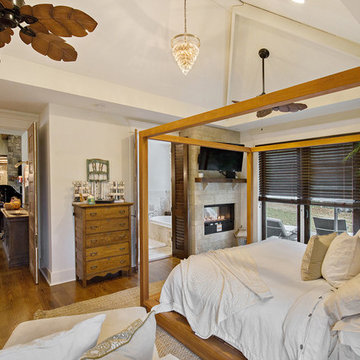 French country, lodge-style riverfront home