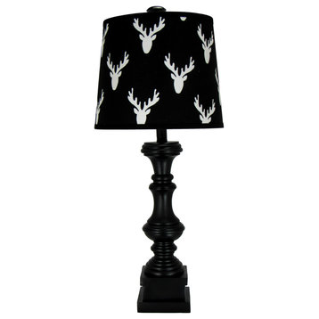 Black Distressed Spindle Table Lamp with Moose Themed Lamp Shade