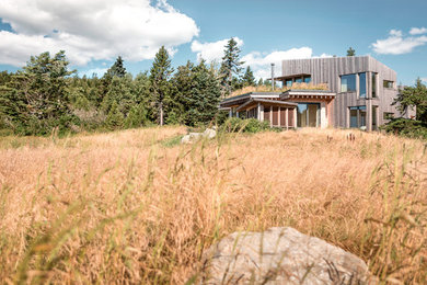 Mid-sized scandinavian gray two-story wood exterior home idea in Portland Maine with a green roof
