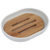 White PADANG Soap Dish Cup Dispenser with Bamboo Tray