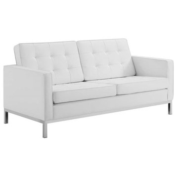 Pemberly Row Modern Faux Leather Tufted Upholstered Loveseat in White/Silver