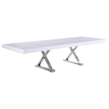 Excel Extendable 2 Leaf Dining Table, Durable Stainless Steel Base, White Lacque