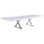 Meridian Furniture - Excel Extendable 2 Leaf Dining Table, Durable Stainless Steel Base, White Lacque - Make room for the whole gang around this Excel extendable two-leaf dining table featuring a rich white lacquer top and chrome stainless steel base. This handsome table is sized just right for family-sized get-togethers, with its extra-long top and oversized design that offers loads of leg room for guests. Inverted X-style legs lend this table a charming look, while the two included leaves make it easy to extend the table or make it smaller for more intimate get-togethers.