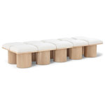 Meridian Furniture - Pavilion Black Boucle Fabric Bench, Cream, Natural Finish, 90" W X 31" D X 17.5" H - Bring valuable seating and remarkable style to your space with this cream Pavilion boucle fabric bench, an exquisite balance of style and usability for the entryway, bedroom, and beyond. Crafted from oak veneer with a natural finish, this bench has a 4-inch-thick seat cushion that's channel-tufted for a touch of luxury. The bench's columnar bases add a dash of art deco design, making it a captivating focal point in any room.