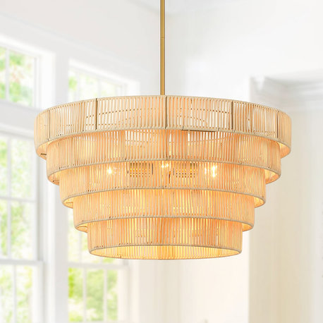 26" W 5-Light Brass Modern Bohemian Chandelier With Tiered Rattan Shade