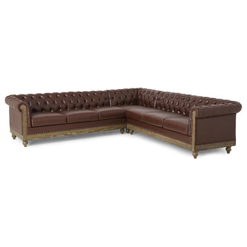 Kinzie Chesterfield Tufted 7 Seater Sectional Sofa with Nailhead Trim, Dark Brow