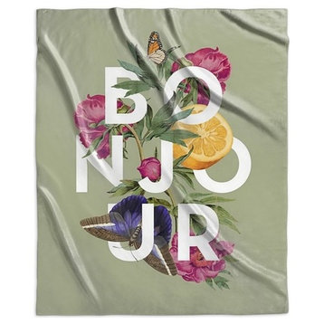 "Bonjour, Vintage Floral Collage" Sherpa Blanket 50"x60"