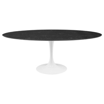 Oval 78" Dining Table Artificial Marble Top, White Base/Black Top